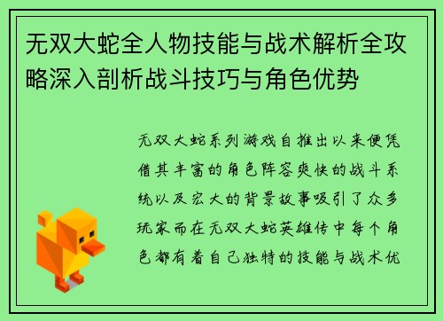 无双大蛇全人物技能与战术解析全攻略深入剖析战斗技巧与角色优势